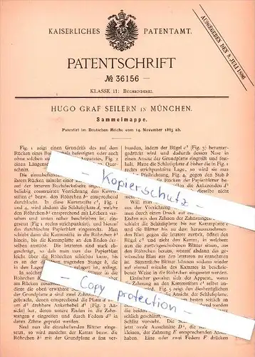 Original Patent  - Hugo Graf Seilern in München , 1885 ,  Sammelmappe !!!