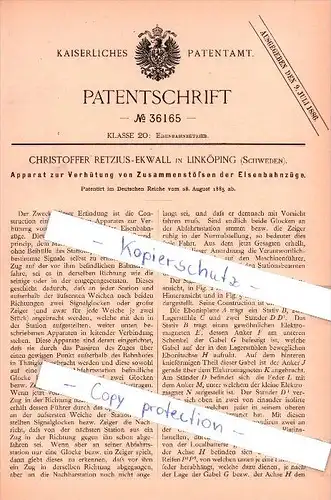 Original Patent  - C. Retzius - Ekwall in Linköping , Schweden , 1885 , Eisenbahnbetrieb !!!
