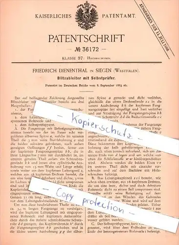 Original Patent  - F. Dienenthal in Siegen , Westfalen , 1885 , Blitzableiter mit Selbstprüfer !!!