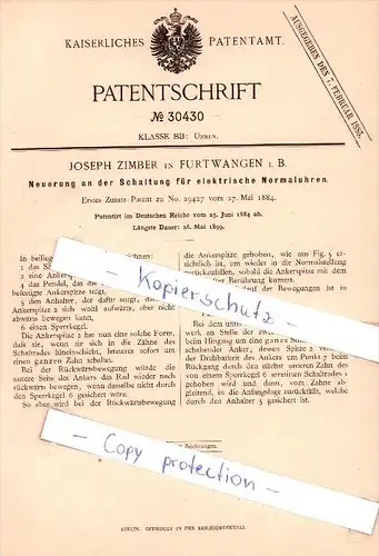 Original Patent  - J. Zimber in Furtwangen i. B. , 1884 , Schaltung für elektrische Normaluhren !!!