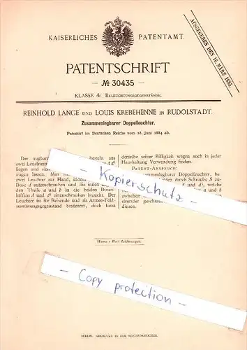 Original Patent  - R. Lange und L. Krebehenne in Rudolstadt , 1884 , Zusammenlegbarer Doppelleuchter !!!