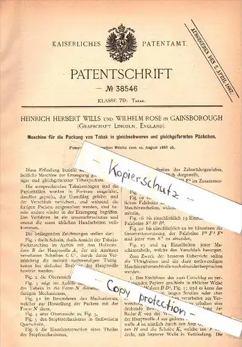 Original Patent - H. Wills and W. Rose in Gainsborough , 1886 , Machine for packaging of tobacco !!!