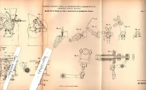 Original Patent - H. Wills and W. Rose in Gainsborough , 1886 , Machine for packaging of tobacco !!!