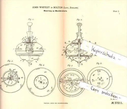 Original Patent - John Whiteley in Bolton , England , 1885 , Musikkreisel , Kreisel , music gyro , musique gyroscope !!!