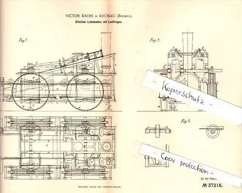 Original Patent - Victor Kroh in Krumau / Cesky Krumlov , 1886 , Straßen - Lokomotive , Eisenbahn !!!