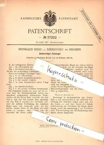 Original Patent - Bernhard Ehrig in Dederstedt b. Eisleben ,1886, sechseckiger Falzziegel , Dachdecker , Dach , Mansfeld