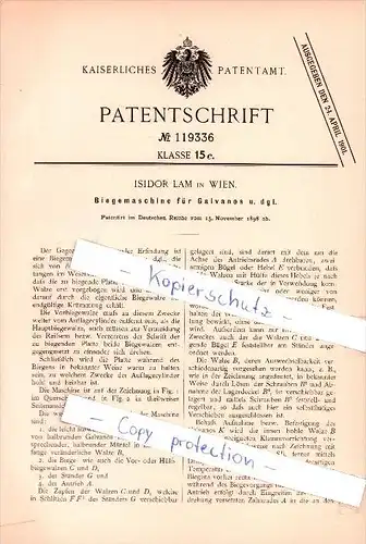 Original Patent - Isidor Lam in Wien , 1898 , Biegemaschine für Galvanos u. dgl. !!!