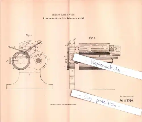 Original Patent - Isidor Lam in Wien , 1898 , Biegemaschine für Galvanos u. dgl. !!!