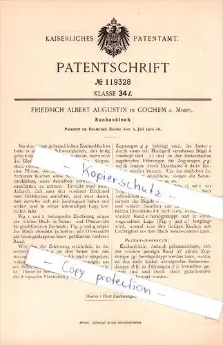 Original Patent - Friedrich Albert Augustin in Cochem , 1900 , Kuchenblech , Bäckerei , Bäcker , Kuchen !!!