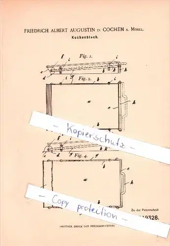 Original Patent - Friedrich Albert Augustin in Cochem , 1900 , Kuchenblech , Bäckerei , Bäcker , Kuchen !!!