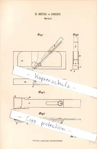 Original Patent - D. Meyer in Emden , 1890 ,  Hobel , Holzbearbeitung , Tischlerei !!!