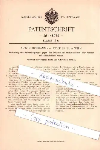 Original Patent -  Anton Hoffmann und Josef Ertel in Wien , 1902 , Abdichtung für Kolben , Maschinenbau !!!