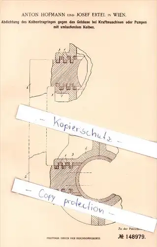 Original Patent -  Anton Hoffmann und Josef Ertel in Wien , 1902 , Abdichtung für Kolben , Maschinenbau !!!