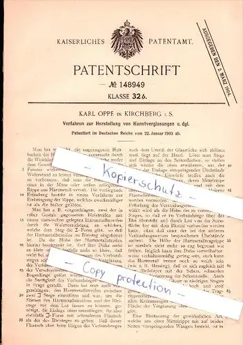 Original Patent - Karl Oppe in Kirchberg i. S. , 1903 , Herstellung von Kunstverglasungen , Glas !!!