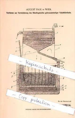 Original Patent - August Falk in Wien , 1902 , Verminderung des Nikotingehaltes von Tabak , Cigarette !!!