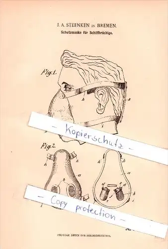 Original Patent - J. A. Steenken in Bremen , 1903 , Schutzmaske für Schiffsbrüchige !!!