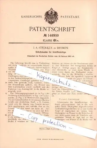 Original Patent - J. A. Steenken in Bremen , 1903 , Schutzmaske für Schiffsbrüchige !!!