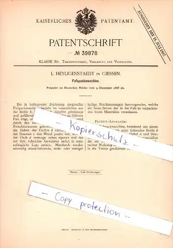 Original Patent - L. Heyligenstaedt in Giessen , 1886 , Faßpackmaschine , Verpackung !!!
