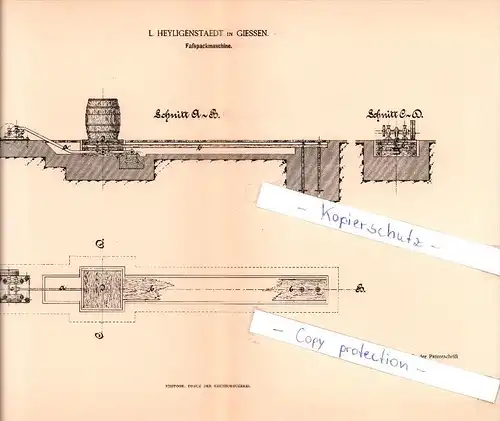 Original Patent - L. Heyligenstaedt in Giessen , 1886 , Faßpackmaschine , Verpackung !!!