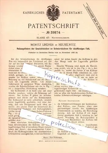 Original Patent - Moritz Lindner in Meuselwitz , 1886 , Maschinenelemente , Maschinenbau !!!