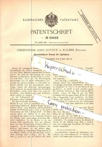 Original Patent - Ch. J. Maythew in Walmer , 1892 , lockable tap , beer , pup , Dover !!