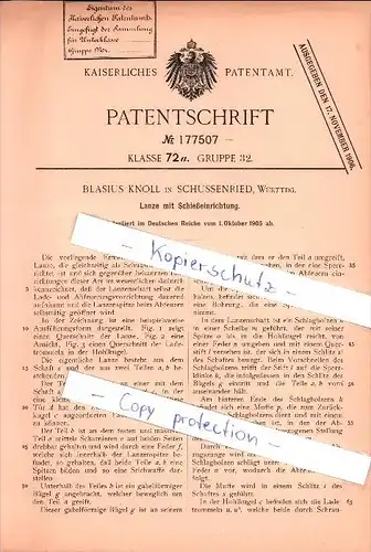 Original Patent - Blasius Knoll in Bad Schussenried , 1905, Lanze mit Schießeinrichtung , Jagd , Waffe , Württemberg !!
