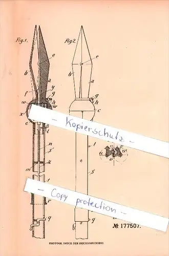 Original Patent - Blasius Knoll in Bad Schussenried , 1905, Lanze mit Schießeinrichtung , Jagd , Waffe , Württemberg !!