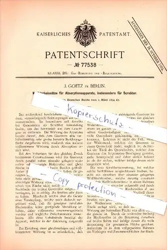 Original Patent - J. Goetz in Berlin , 1894 , Wellblech für Absorbtionsapparat , Scrubber , Beleuchtung !!!