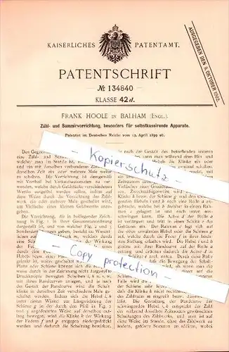 Original Patent - Frank Hoole in Balham b. London , 1899 , Counter for cash , adding machine !!!