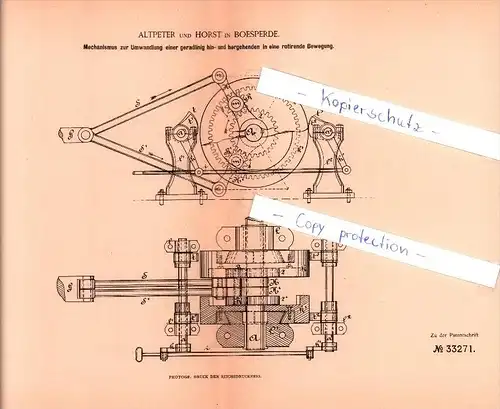 Original Patent - Altpeter und Horst in Bösperde b. Menden , 1885 , Mechanismus zur Bewegungsumwandlung , Maschinenbau !