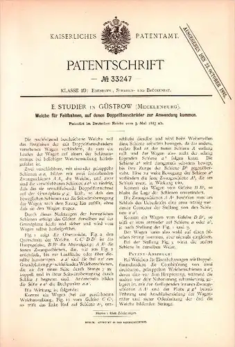 Original Patent - E. Studier in Güstrow i. Mecklenburg , 1885 , Weiche für Feldbahn , Eisenbahn !!!