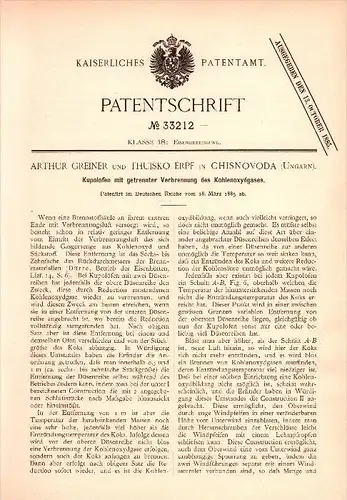 Original Patent - Arthur Greiner und Thuisko Erpf in Chisnovoda , Ungarn  , 1885 , Ofen zur Verbrennung von Kohlendioxid