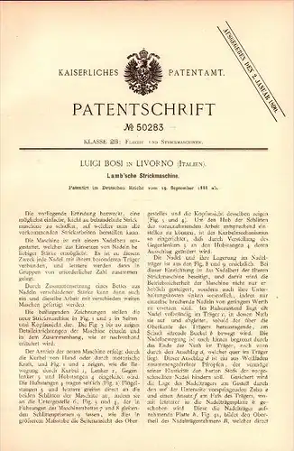 Original Patent -  Luigi Bosi in Livorno / Italia , 1888 , Macchina per maglieria !!!