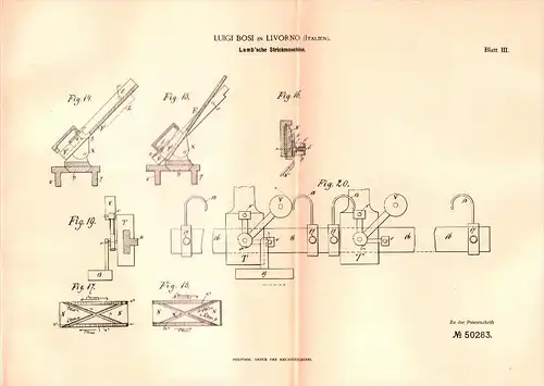 Original Patent -  Luigi Bosi in Livorno / Italia , 1888 , Macchina per maglieria !!!