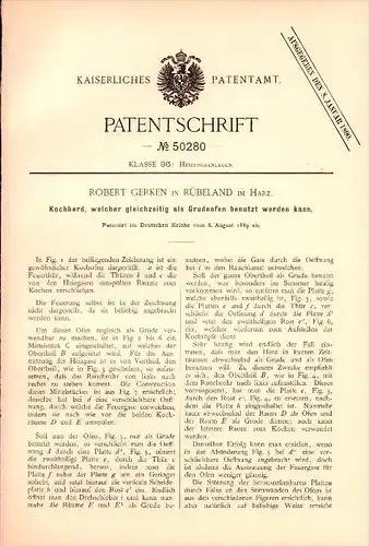 Original Patent - Robert Gerken in Rübeland / Oberharz am Brocken ,1889, Kochherd , Küche , Koch , Heizung , Heizungsbau