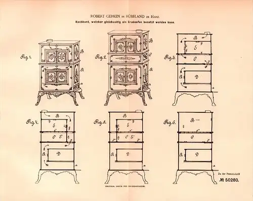 Original Patent - Robert Gerken in Rübeland / Oberharz am Brocken ,1889, Kochherd , Küche , Koch , Heizung , Heizungsbau