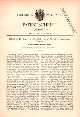 Original Patent - F. Clas und J. Weyde in Kaschau / Kosice , 1889 , elektrischer Akkumulator , Batterie , Ungarn !!!