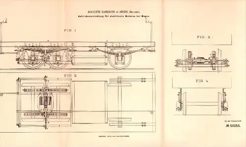 Original Patent - Auguste Sandron in Menin / Menen , Belgien , 1888 , Antrieb für Eisenbahn !!
