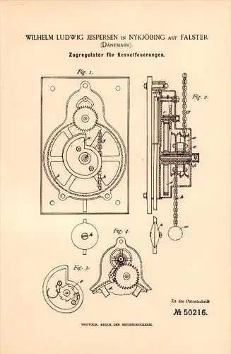 Original Patent - Wilhelm Ludwig Jespersen in Nyköbing auf Falster , 1889 , Regulator für Feuerung , Nykøbing Falster  !