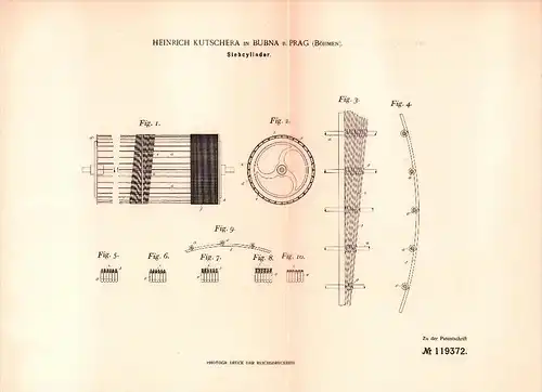 Original Patent -  Heinrich Kutschera in Bubna b. Prag , 1900 , Siebcylinder , Sieb !!!