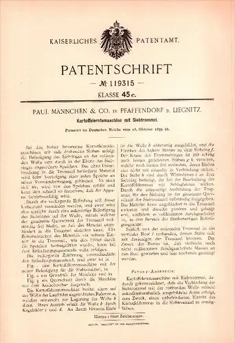 Original Patent - Paul Männchen & Co in Pfaffendorf b. Liegnitz / Legnica , 1899 , Kartoffel - Erntemaschine , Agrar !!!