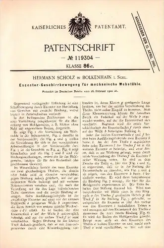 Original Patent - Hermann Scholz in Bolkenhain / Bolków i. Schlesien , 1900 , Excenter - Bewegung für Webstuhl , Weberei