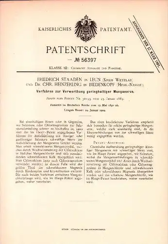 Original Patent - F. Staaden in Leun b. Wetzlar und Dr. Chr. Heinzerling in Biedenkopf , 1890 , Verwertung von Manganerz