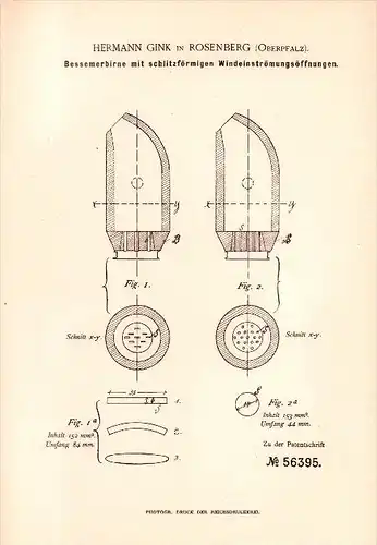 Original Patent - Hermann Gink in Rosenberg b. Sulzbach , 1890 , Bessemerirne , Metallbau , Oberpfalz !!!