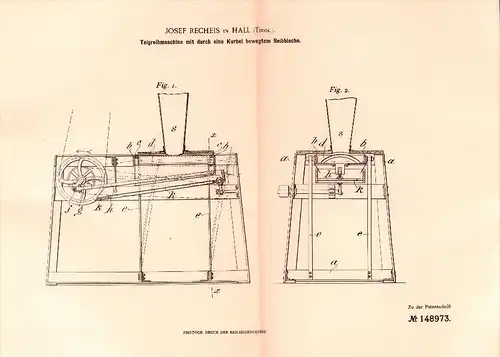 Original Patent - Josef Recheis in Hall , Tirol , 1902 , Teig - Reibmaschine , Bäckerei , Bäcker  !!!