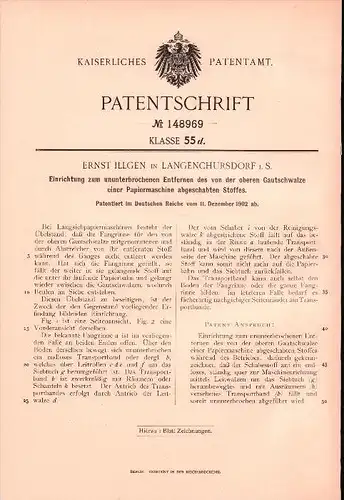 Original Patent - Ernst Illgen in Langenchursdorf b. Callenberg i.S., 1902 , Einrichtung für Papiermaschine , Papier !!!