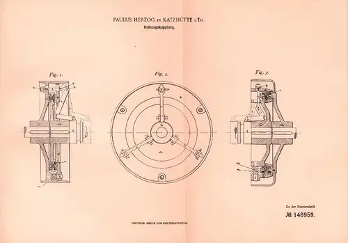 Original Patent - Paulus Herzog in Katzhütte i. Th.,1903, Reibungskupplung , Maschinenbau , Saalfeld - Rudolstadt !!!
