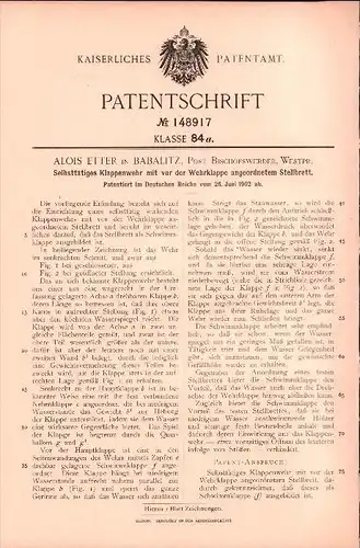 Original Patent - Alois Etter in Babalitz b. Bischofswerder / Biskupiec , 1902 , Klappenwehr , Staudamm , Westpreussen