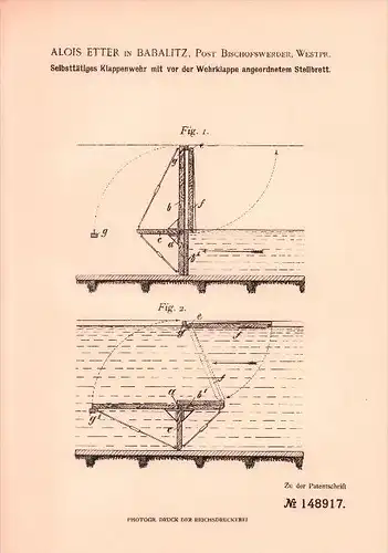 Original Patent - Alois Etter in Babalitz b. Bischofswerder / Biskupiec , 1902 , Klappenwehr , Staudamm , Westpreussen