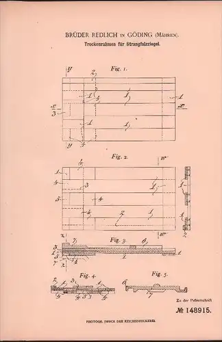 Original Patent - Brüder Redlich in Göding / Hodonin , 1902 , Rahmen für Falzziegel , Dachziegel , Ziegel , Mähren !!!